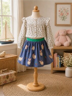Mini Boden Bunny Embroidered Skirt Size 5-6 | Whimsical  Girls Twirl Skirt